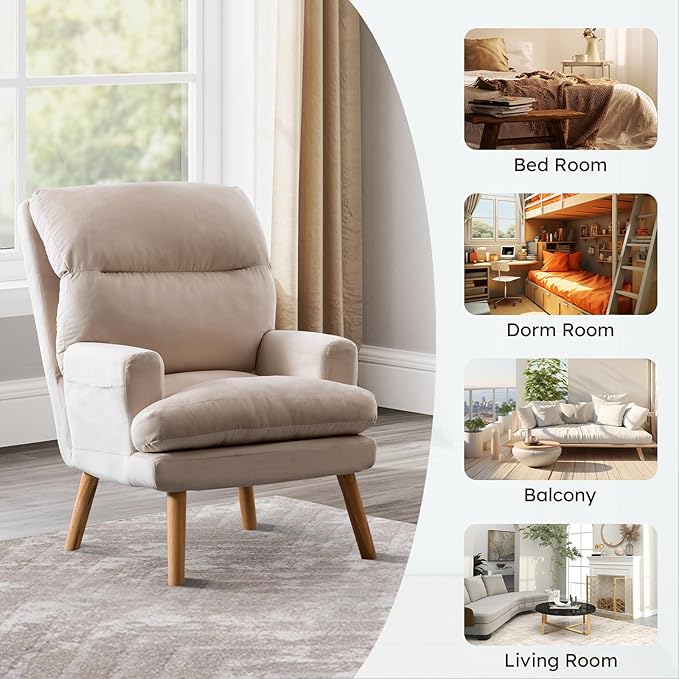 Accent Chair with Ottoman Comfy Reading Chair Armchair with Adjustable Backrest and Side Pockets Soft Fabric Leisure Sofa for Bedroom Living Room Dorm Rooms Garden Beige