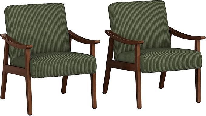 Yaheetech Corduroy Accent Chair Mid-Century Modern Armchair with Solid Wood Legs Reading Leisure Chair with High Back for Living Room Bedroom Waiting Room Set of 2 Dark Green