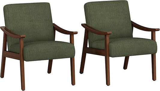 Yaheetech Corduroy Accent Chair Mid-Century Modern Armchair with Solid Wood Legs Reading Leisure Chair with High Back for Living Room Bedroom Waiting Room Set of 2 Dark Green