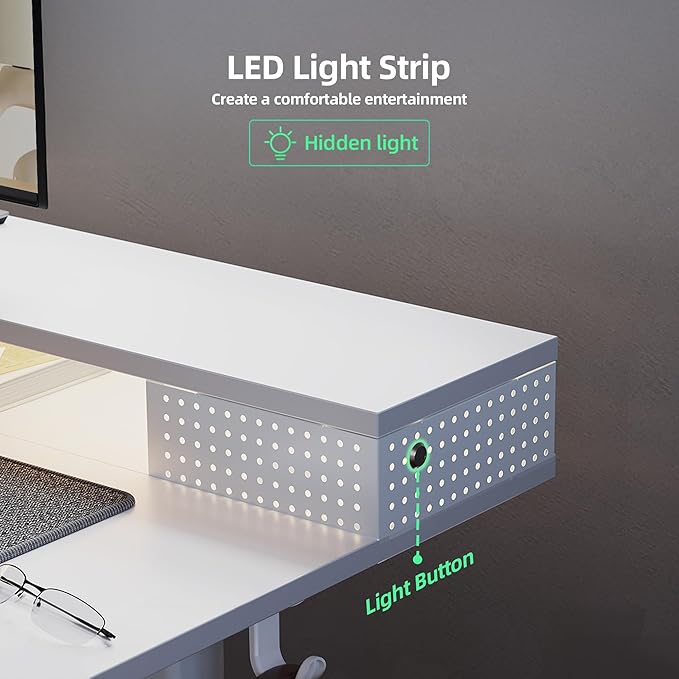 Claiks Electric Standing Desk with Shelf 55 Inch Height Adjustable Standing Desk with LED Lights &amp Monitor Stand White Frame/White Top