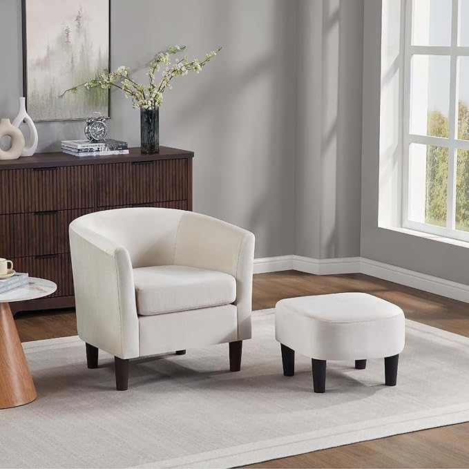 Green Swivel Accent Chair with Ottoman 360° Barrel Chairs with Foot Stool Comfy Reading Chair with Removable Pillow &amp 2 Armrest Covers for Living Room Small Spaces Bedroom (White Chenille)