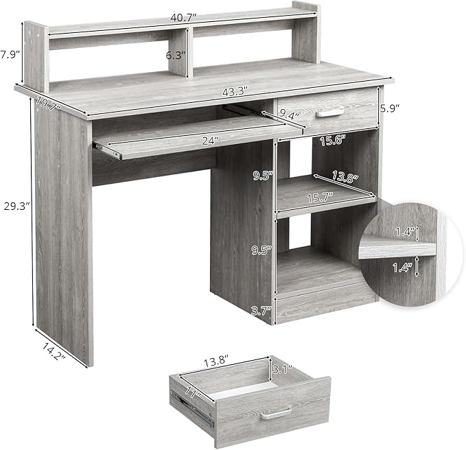 Zimtown MDF Computer Desk with Drawers Office Desk White Desk with Storage for PC Laptop Wood Home Office Desk with Keyboard Tray and Adjustable Shelf Grey