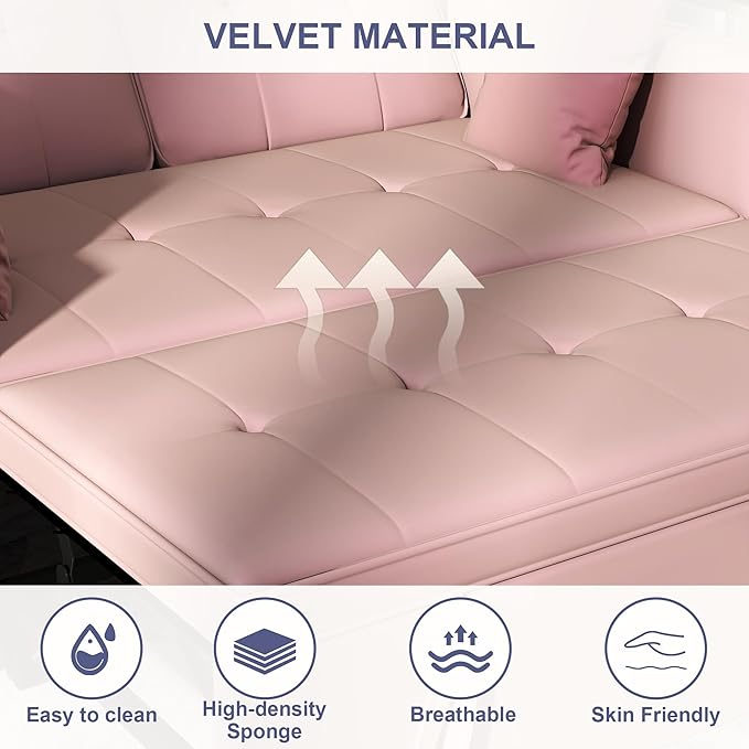 Loveseat Sleeper Sofa Bed Couch: Queen Sleeper Chair Pull Out Bed for Living Room Pink Velvet Couch Beds for Small Spaces 3 in 1 Convertible Sofa with Armrests