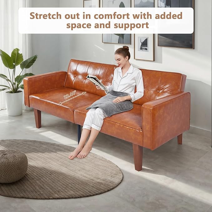 Faux Leather Adjustable Sofa Two-Seater Sofa with Wooden Legs Foldable Sofa Bed mid-Century Style Lounge Sofa Suitable for Apartments Living Room Bedroom Study Office Lounge Brown