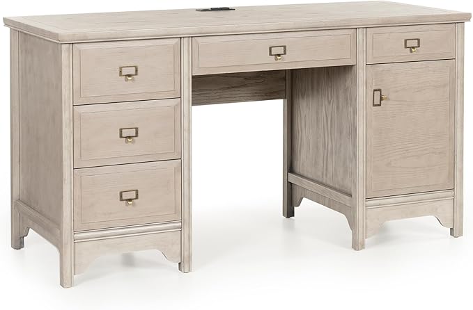55 Farmhouse Executive Desk Solid Wood Painted Home Office Desk with Charging Station 5 Drawers Storage Cabinet Computer Writing Table for Work Study Writing Grey