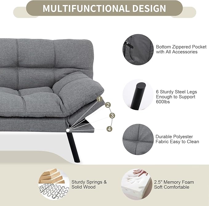 MUUEGM 71 Futon Couch Filled with Memory Foam Convertible Futon Sofa Bed with Adjustable Backrest Armrest Folding Futon for Living Room Small Space Loveseat for Sleeper(Fabric Light Gray)