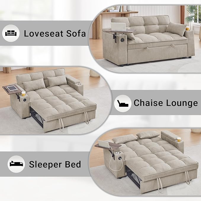3 in 1 Sofa Bed 65 Inches Convertible Loveseat Sleeper with Side Table Pull Out Couch with 3 Level Adjustable Backrest Chaise Lounge with USB and Type-C Ports for Living Room Khaki