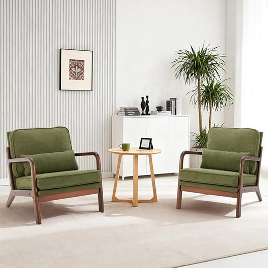 DUMOS Mid Century Modern Chair Set of 2 Accent Chair with Arms and Waist Cushion Reading Chairs for Adults Lounge Chair for Living Room and Bedroom Solid Wooden Frame Dark Green