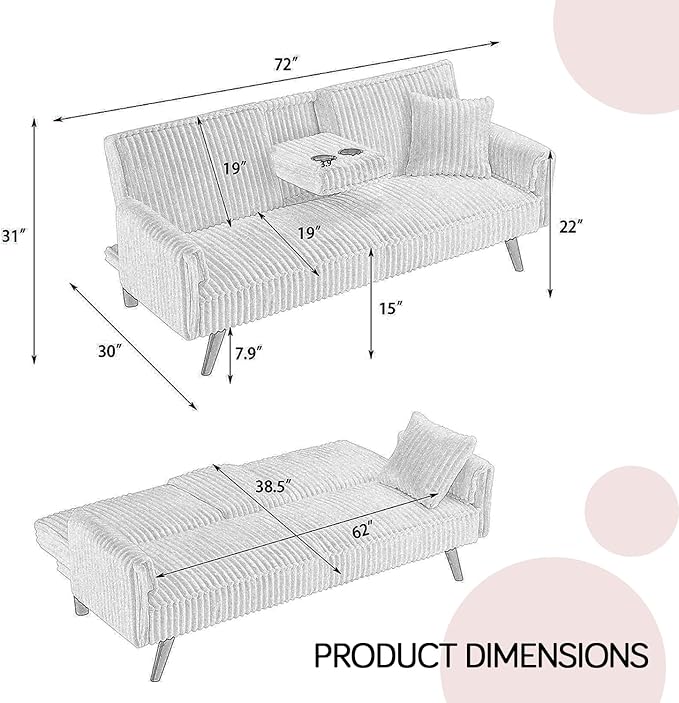 Anwick Futon Sofa Bed Modern Folding Couch for Small Space Corduroy Convertible Loveseat Sleeper Bed Daybed Recliner Lounge Sofas for Living Room2 Cup HoldersMetal LegsRemovable Armrests (Pink I)