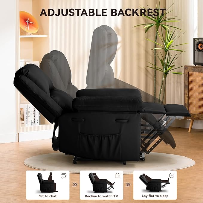 COMHOMA Power Lift Recliner for Elderly Lift Chair with Heat and MassagePU Recliner Sofa with 2 Side Pockets and Infinite Position for Living Room Black