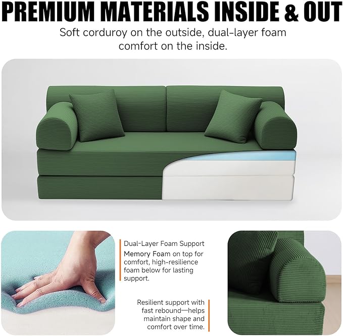 78.8 Boneless Memory Foam Couch Corduroy Convertible Floor Sofa Bed Fold-Out Sleeper Futon Loveseat Wide Armrests &amp Supportive Back 1200 lb Couch in a Box 2 Pillows Dark Green