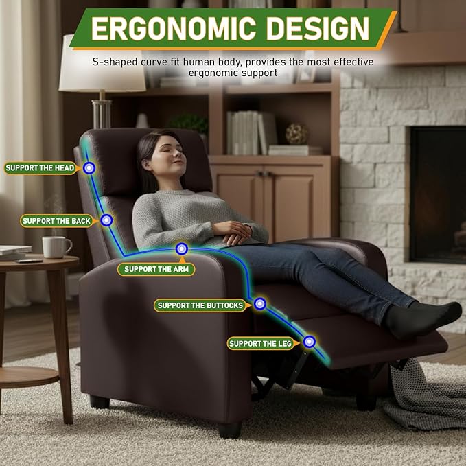 PayLessHere Recliner Chair Single Reclining Sofa Home Theater Seating with Lumbar Support and Padded Backrest for Living Room and Bedroom (Leather Brown-Massage)