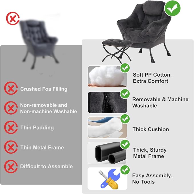 Lazy Chair with Ottoman Modern Accent Chair with Armrests and a Side Pocket Plush Navy Accent Chairs Reading Chairs Oversized Armchairs for Bedroom Study Living Room Courtyard