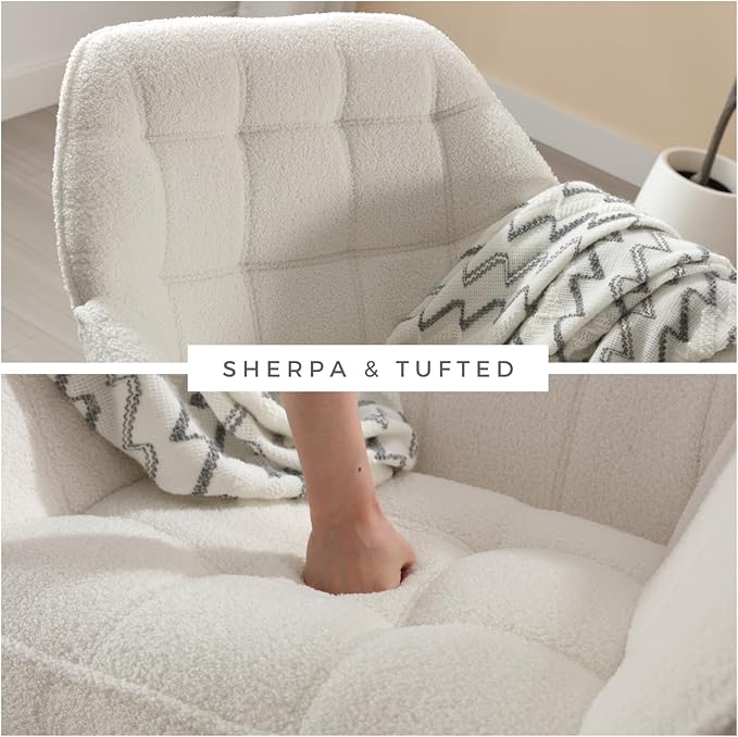 Modern Sherpa Accent Chair with Ottoman Set of 2 Fluffy Upholstered Lounge Chair with Footrest Comfy Living Room Side Boucle Armchair for Small Space Bedroom White