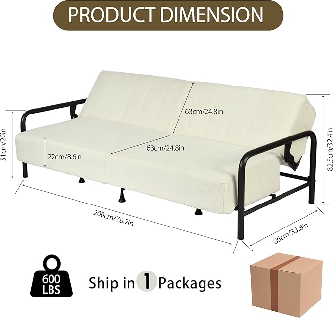 Homy Casa Convertible Sofa Bed with Metal Frame and Upholstered Cushion for Living Room Guest Room and Small Apartment (Beige)