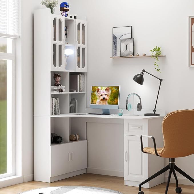 KEIKI Home Office Desks with Hutch Drawers Bookshelf Storage Cabinet &amp Glass Doors Modern Wooden Computer Corner Table for Work Study Writing