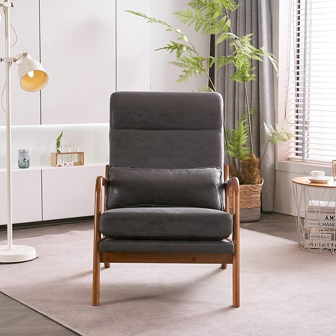 Karl home Accent Chair Mid-Century Modern Chair with Pillow High Back Bronzing Cloth Upholstered Lounge Arm Chair with Solid Wood Frame &amp Soft Cushion for Living Room Bedroom Balcony Dark Gray
