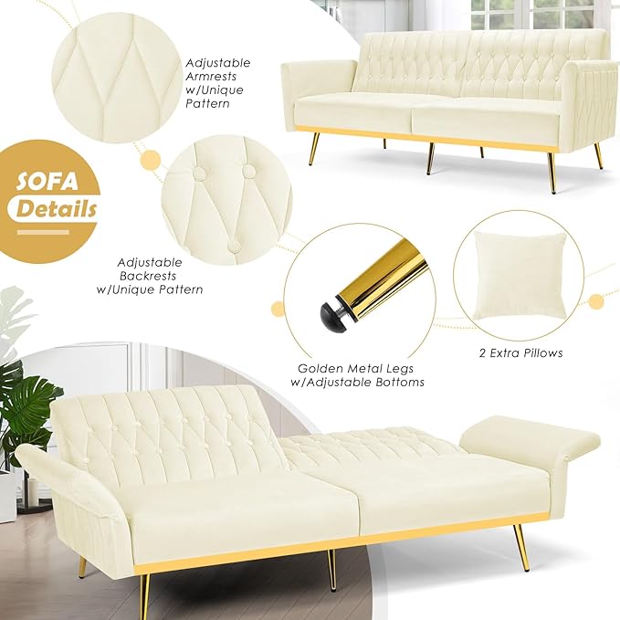 70 Velvet Futon with Adjustable Backrest and Armrests Sofa Bed with Extra Pillows for Waiting Room Living Room and Office Beige