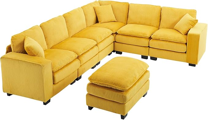 143 Large Modular Sectional Sofa Convertible U - L Shaped 6-Seat Sofa Couch with One Ottoman Chaise and Pillows Sectional Couches Comfy Corduroy Upholstered Sofa Sleeper for Living Room (Yellow)