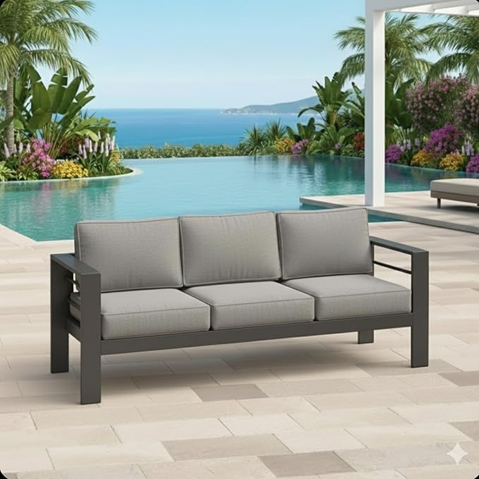 75 All-Weather Sofa Bed with Heavy-Duty Frame Stylish Sofa Bed with Water-Repellent Olefin Comfort 3-Seater Sofa with High-Density Foam for Patio Balcony Gray+Gray