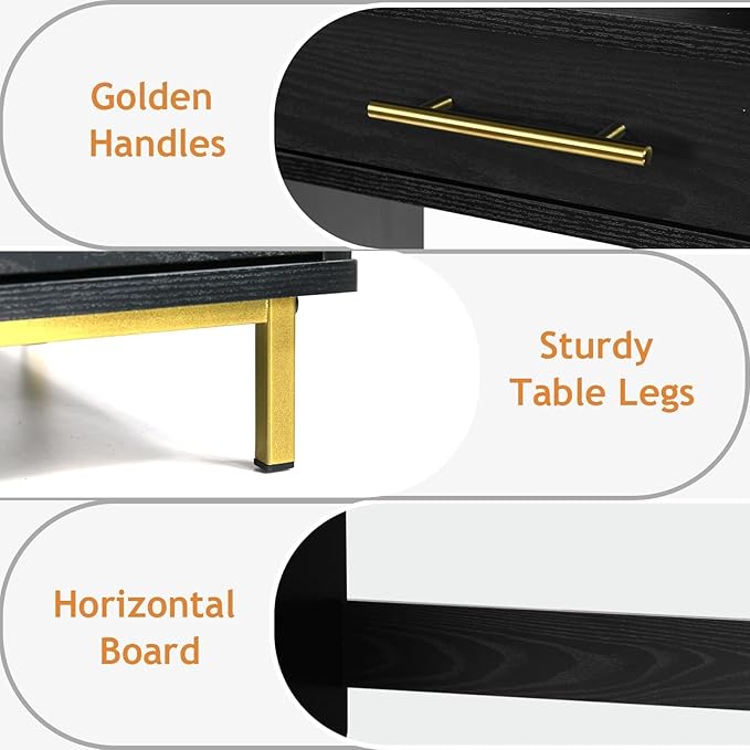 4 EVER WINNER Black Desk with Drawers Modern Home Office Desks with Golden Handles and Drawers Computer Table for Small Spaces Black and Gold Desk