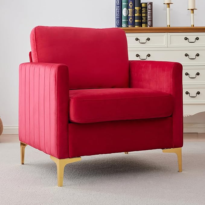 Kiztir Mid-Century Modern Velvet Accent Chair Comfy Upholstered Armchair for Living Room Bedroom Office Studio Lounge (RED)