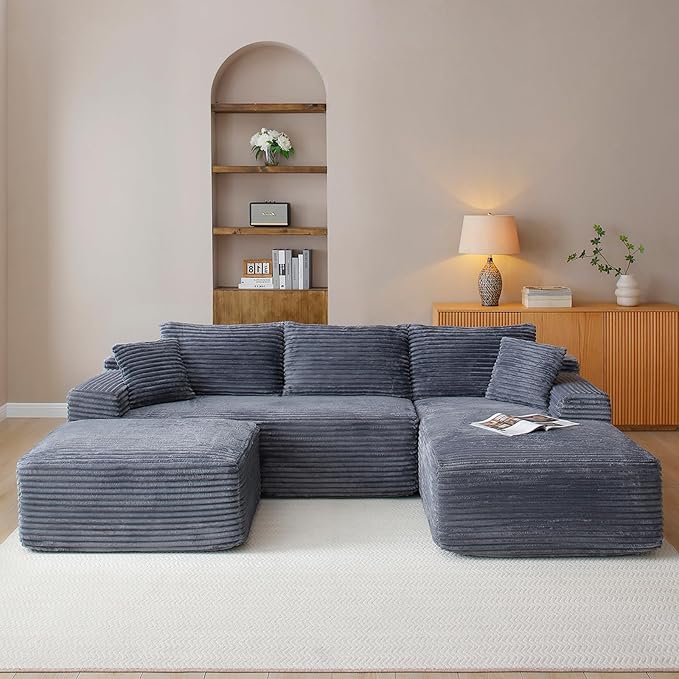 108 Cloud Modular Sectional Couch with Moveable Ottoman Modern Minimalist Upholstered Boneless Couch Deep Seat Corduroy Corner Couches (Gray Right Facing Chaise + Ottoman)