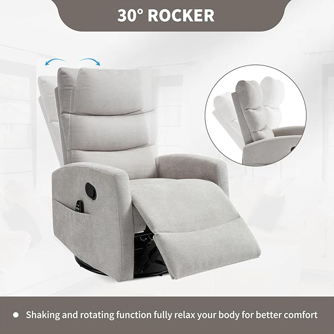 Massage Chair Recliner with Heat Swivel Rocking Chair Recliner with High Back Manual Lazy Boy Recliners for AdultsSmall Recliner Chair for Small Spaces Living Room Bedroom Fabric (Grey2)