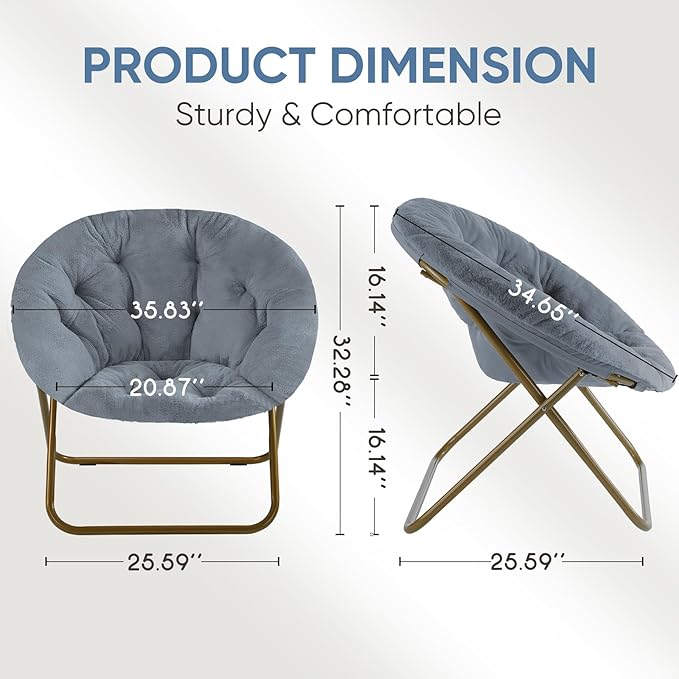 DUMOS Comfy Saucer Chairs Cozy Faux Fur Soft Lounge Cute Folding Bedroom Living Room Seat Flexible Reading Foldable Seating for Kids Adults Thick Padded Metal Frame Modern for Home Office Grey
