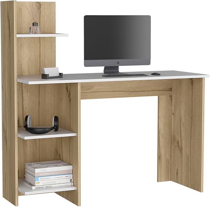 Study Desk with Three Shelves and Spacious White/Pine Finish - 47 Writing Surface for Laptops &amp Monitors - Modern Home Office Organization