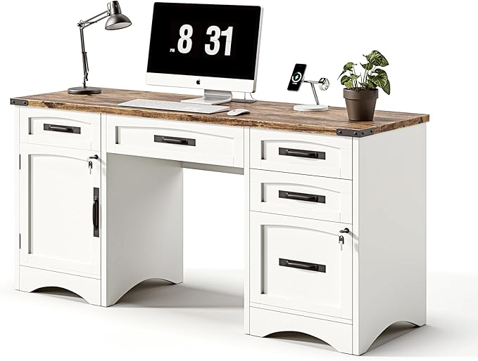 Farmhouse Executive Desk with Drawers 55 Home Office Desks with Fast Charging Station Lockable File Cabinet Wood Writing Computer Desk for Work Study White