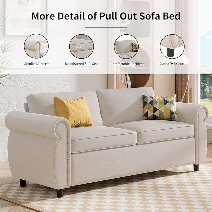 2 in 1 Pull Out Sofa Bed Queen Size Sleeper Sofa Guest Bed with 4 Foldable Memory Foam Mattress &amp Nailhead Armrests Linen Modern Convertible Couch for Home Apartment Office - Beige