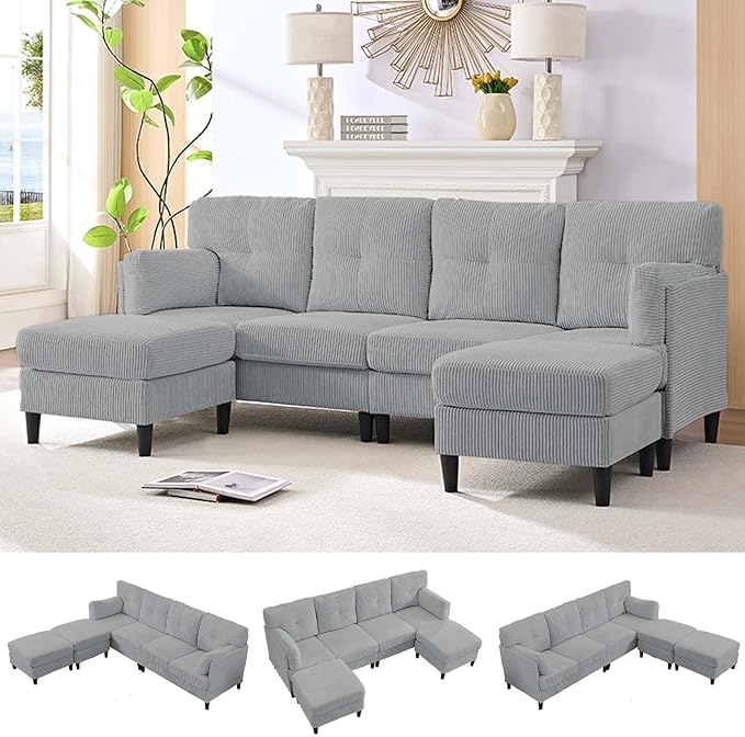 Mjkone Sectional Couch Sofa with Ottoman U Shape Sofa for Living Room Corduroy Convertrible Couches with Double Chaises 6 Seater Sofas for Living Room/Home Office/Guest (Light Grey)