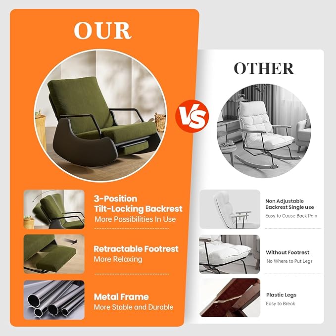 Rocking Recliner Chair for Adults Upholstered Plush Seating Glider Rocker with High Backrest Reading Chair Modern Nursery Accent Sofa Chairs Glider for Living Room (Grey/Green)