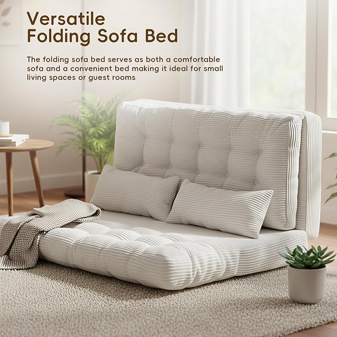 Convertible Sofa Bed 54x91 Inch Thick Tufted Folding Sofa Bed with 2 Pillows Folding Floor Loveseat Sleeper Couch Mattress for Small Spaces Living Room Bedroom and Adults White
