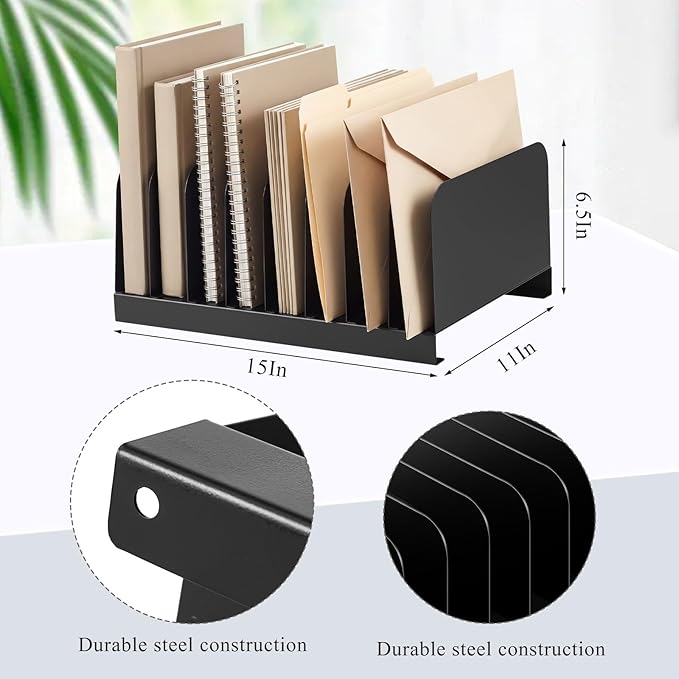 Suzile Metal Desktop File Organizer 8 Compartments Vertical File Sorter Black 11.02 W x 14.96 L x 6.30 H Office Reception Areas Workspace(Rectangle)