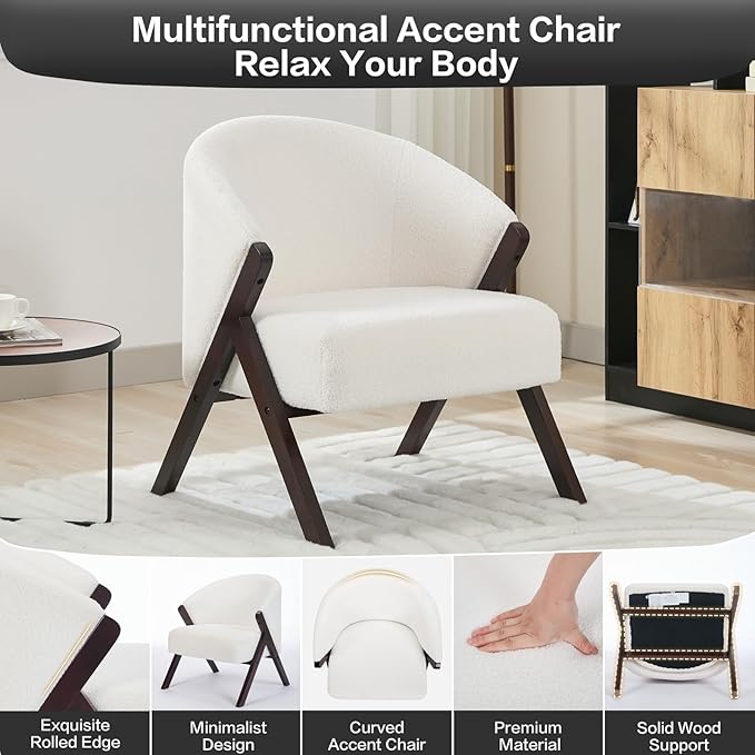TrailBlaze Comfortable Mid-Century Modern Accent Chair for Living Room – Upholstered Reading Armchair with Sturdy Wood Frame Soft Fur Fabric Easy Assembly – Deep Walnut Foot | Soft Fur | Beige