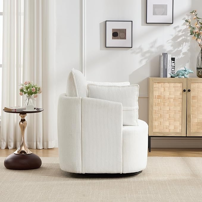 360° Swivel Accent Armchair Chair White Swivel Round Barrel Chair with 2 Pillows Upholstered Corduroy Accent Chairs for Living Room Bedroom Reading