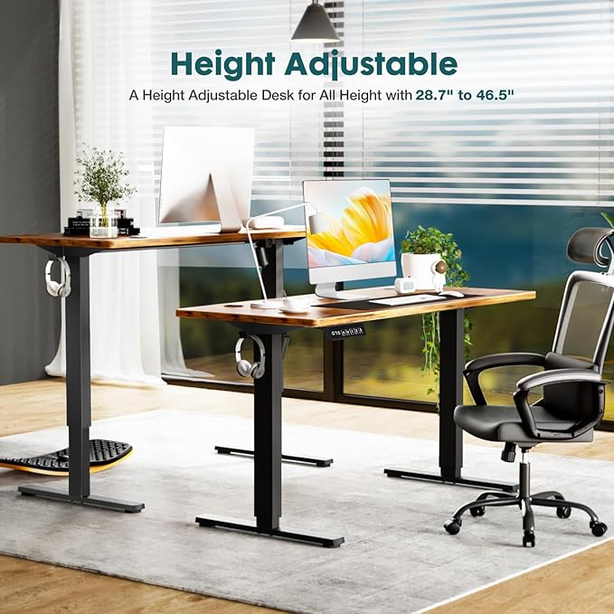 Electric Standing Desk Adjustable Height 63 x 24 Inch Sit and Stand Desk with 2 Hooks and Wire HolesHome Office Desk Ergonomic Workstation Computer DeskBrown