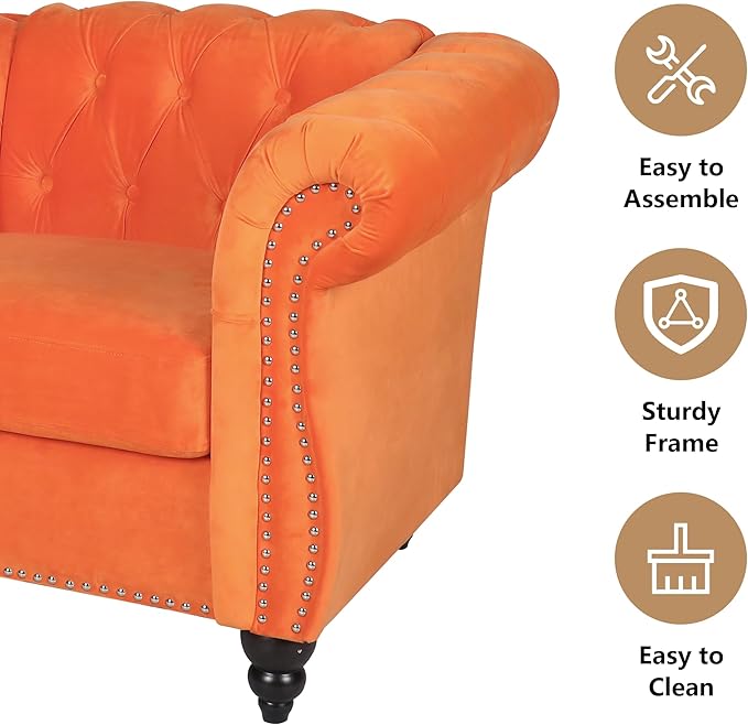 Velvet Loveseat Chesterfield Love Seat Couch 2 Seater Accent Sofa with Rolled Arms Mid-Century Modern Love Seats Tufting Nailhead Trim for Living Room Bedroom Home Theater (Velvet Orang)