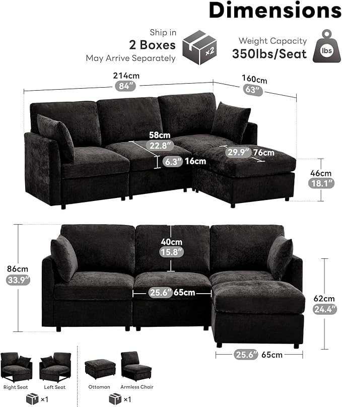 Sectional Cloud Couch for Living Room Spring Cushion Seating L Shaped Convertible Modular Sofa with Ottoman Black | Movable Balanced Comfort Soft-Strong Chenille Apartment-Friendly