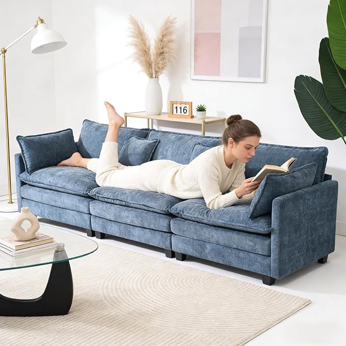 Redlife 133 Modular Sectional 3-Seater Sofa with Ottoman Chenille Couch Set with Spring &amp Double Foam Cushion System Removable Covers Easy to Assembly Blue