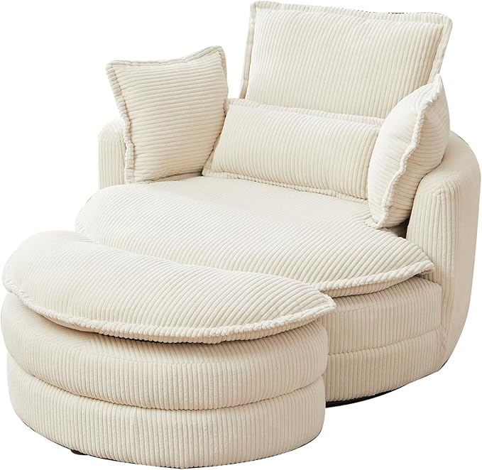 Modern Swivel Chair 38 W Oversized Swivel Chair with Moon Storage Ottoman Accent Round Loveseat Circle Swivel Barrel Chairs with 4 Pillows Cuddle Sofa Chair Lounger Armchair (Beige * 99)