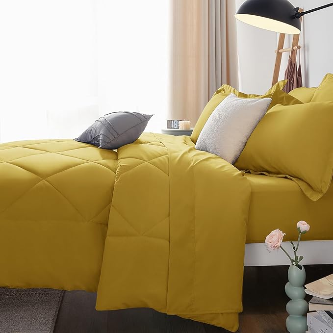 CozyLux King Size Comforter Set Mustard Yellow - 7 Pieces Bed in a Bag King Luxury Soft Bed Set for All Seasons Bedding Set with Down Alternative Comforter Sheets Pillowcases &amp Shams