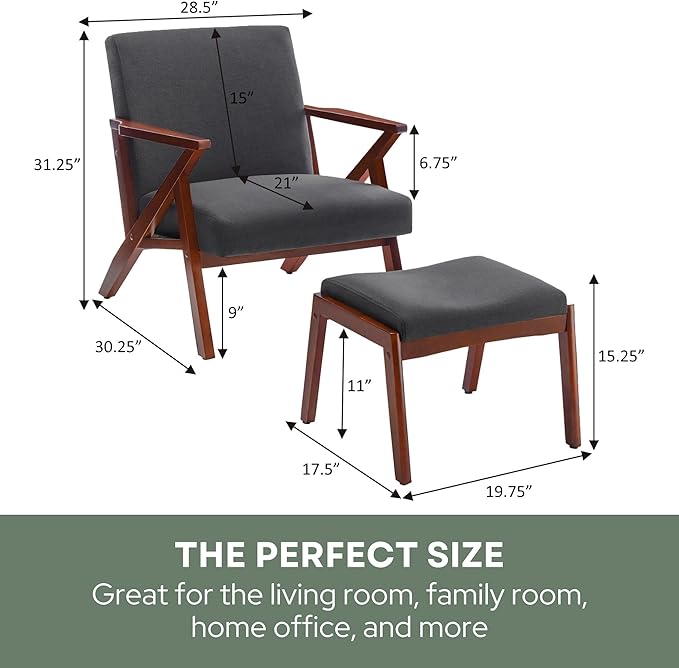 Convenience Concepts Take a Cliff Accent Armchair and Ottoman Set 28.5 - Mid-Century Modern Lounge Chair with Foot Stool Set for Living Room Office Dark Gray Fabric
