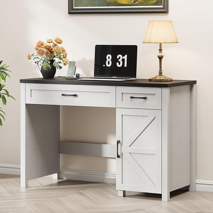 Farmhouse 47 Executive Desk Computer Desk with Drawers and Storage Cabinet Workstation Computer Desk for Home Office and Study(Black