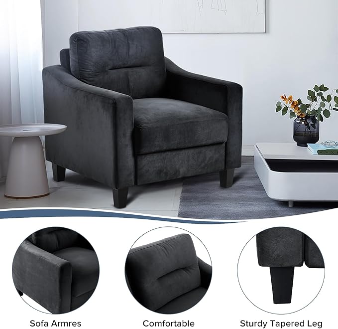 Velvet Upholstered Single Sofa ChairMordern Armchair with Wooden Legs for Living RoomBedroom and Office Black