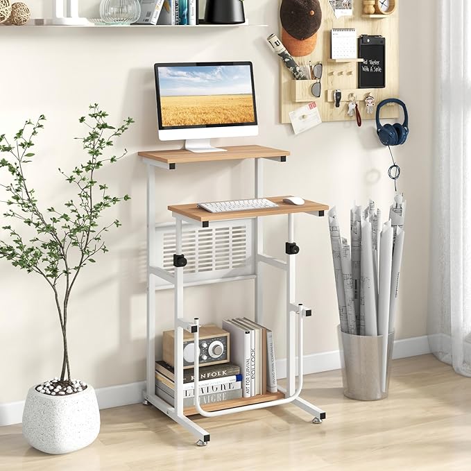 Tangkula Small Standing Desk Height Adjustable Teacher Podium Stand Compact Standing Table Lectern Podium Laptop Desk with Footrest Suitable for Sitting or Standing