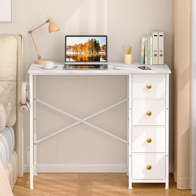 Small White Desk with Drawers for Bedroom 35.4 Inch Kids Girls Teens Student Writing Desk with Storage Reversible Study Table White Computer Desk for Home Office Makeup Vanity Desk for Small Space