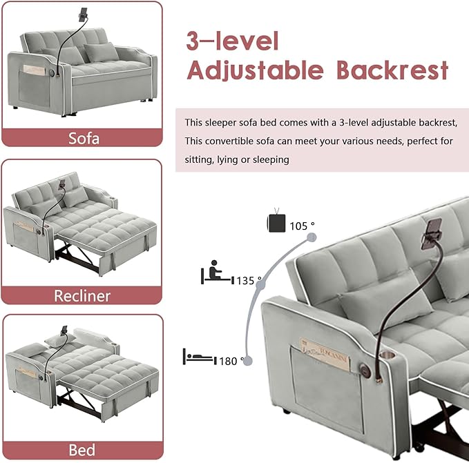 3 in 1 Convertible Sofa Bed Velvet Pull Out Couch Bed w/ Adjustable Back Love Seat Sleeper Beds w/ USB Ports &amp Cup Holders Phone Stand Full Size Futon Couch for Living Room Small Spaces (Gray)